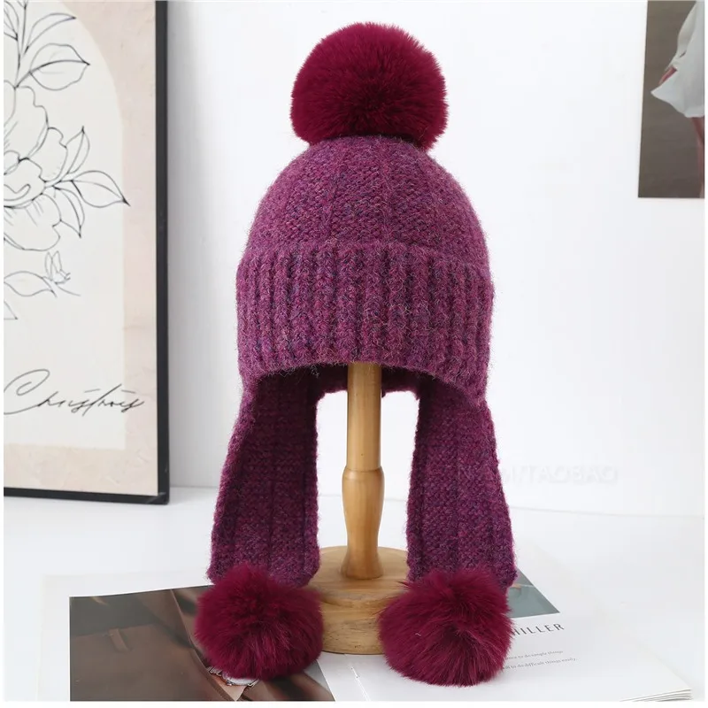 Winter Korean Thickened Hairball Ear Protection Knitted Bomber Hat Women Simple Casual Windproof Warm Small Face Wool Beanie Cap