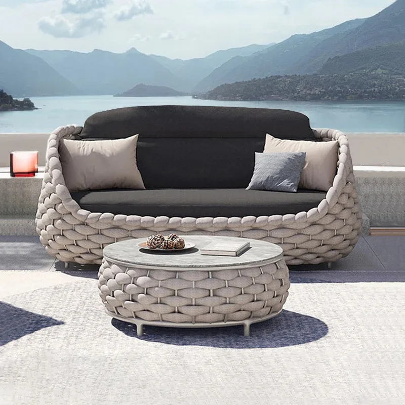 Outdoor Aluminum Sofa Set, Patio Garden Lounge Couch with Waterproof Cushions, Modern Woven Style
