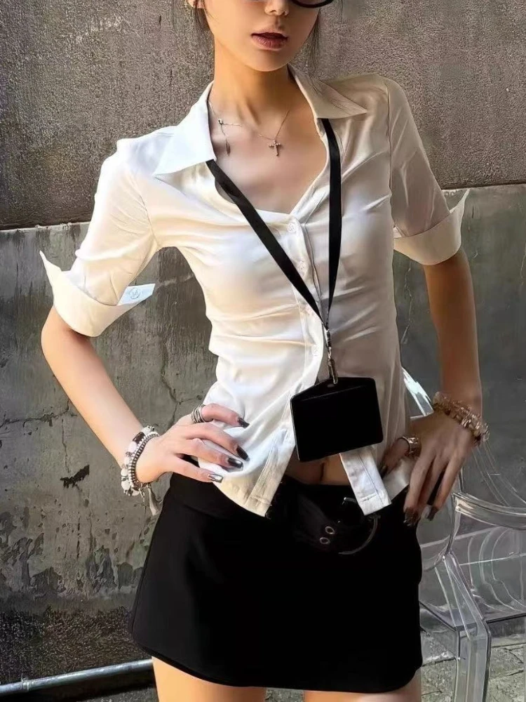 

Y2k японская белая короткая рубашка женские сексуальные три четверти тонкие рубашки с v-образным вырезом винтажные топы корейский стиль повседневная рубашка сказочные топы