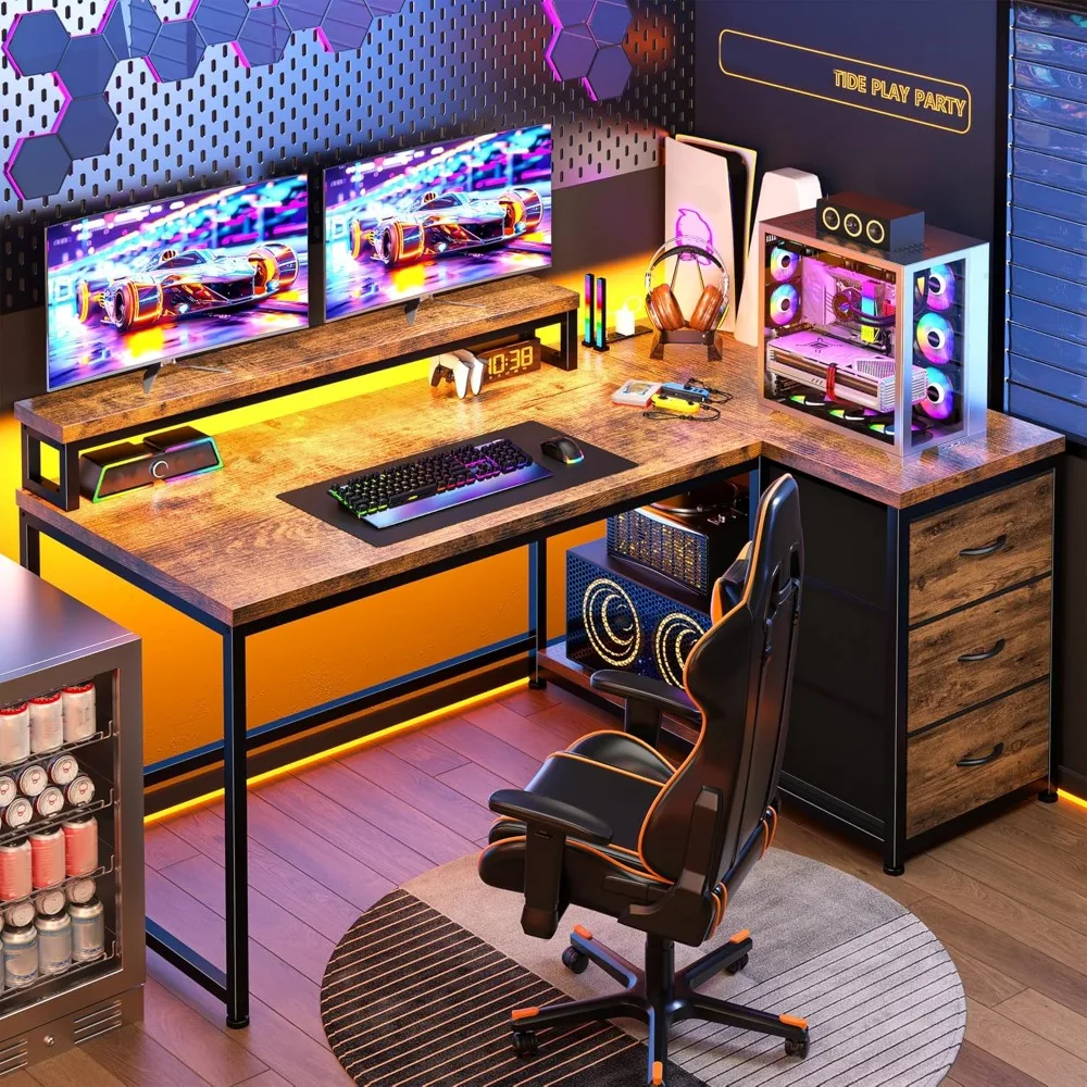 

L Shaped Gaming Desk with LED Lights & Power Outlet, 48Inch Corner Computer Desk with Drawers Reversible Home Office Desks
