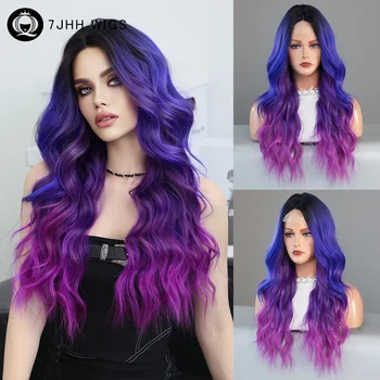 HD Transparent Lace Front Wig Blue Ombre Purple Body Wavy Wigs with Bangs High Density Synthetic Lace Frontal Side Part Wigs