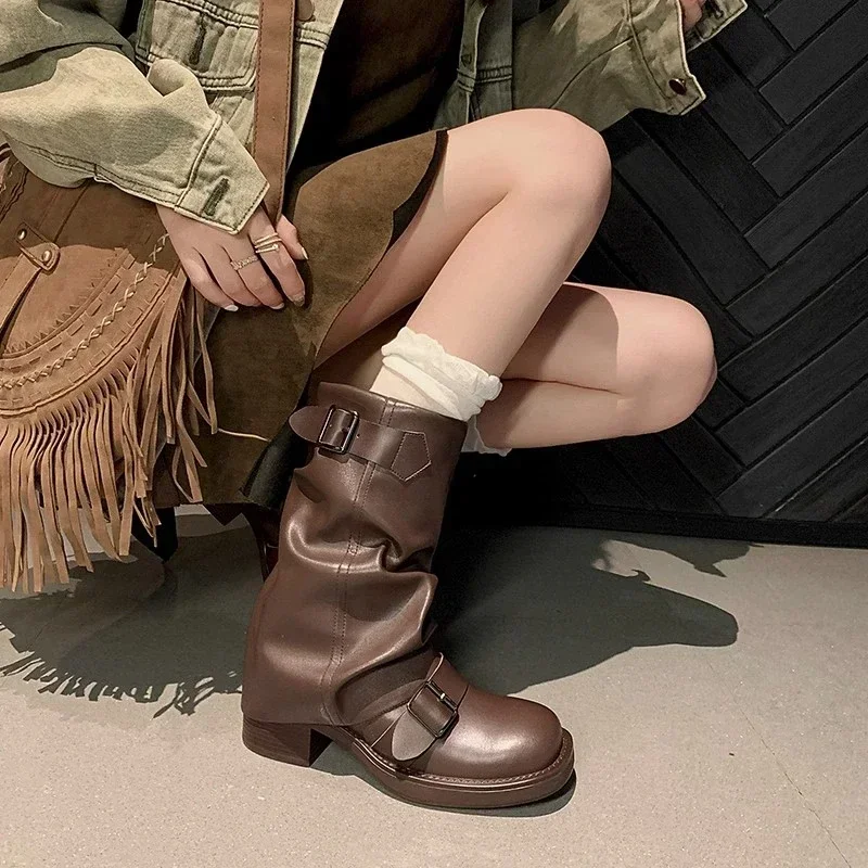 

Pleated Buckle Knight Boots for Women Autumn Brown PU Leather Mid Calf Boots Woman Slip-On Thick Heel Riding Botas Mujer 2024