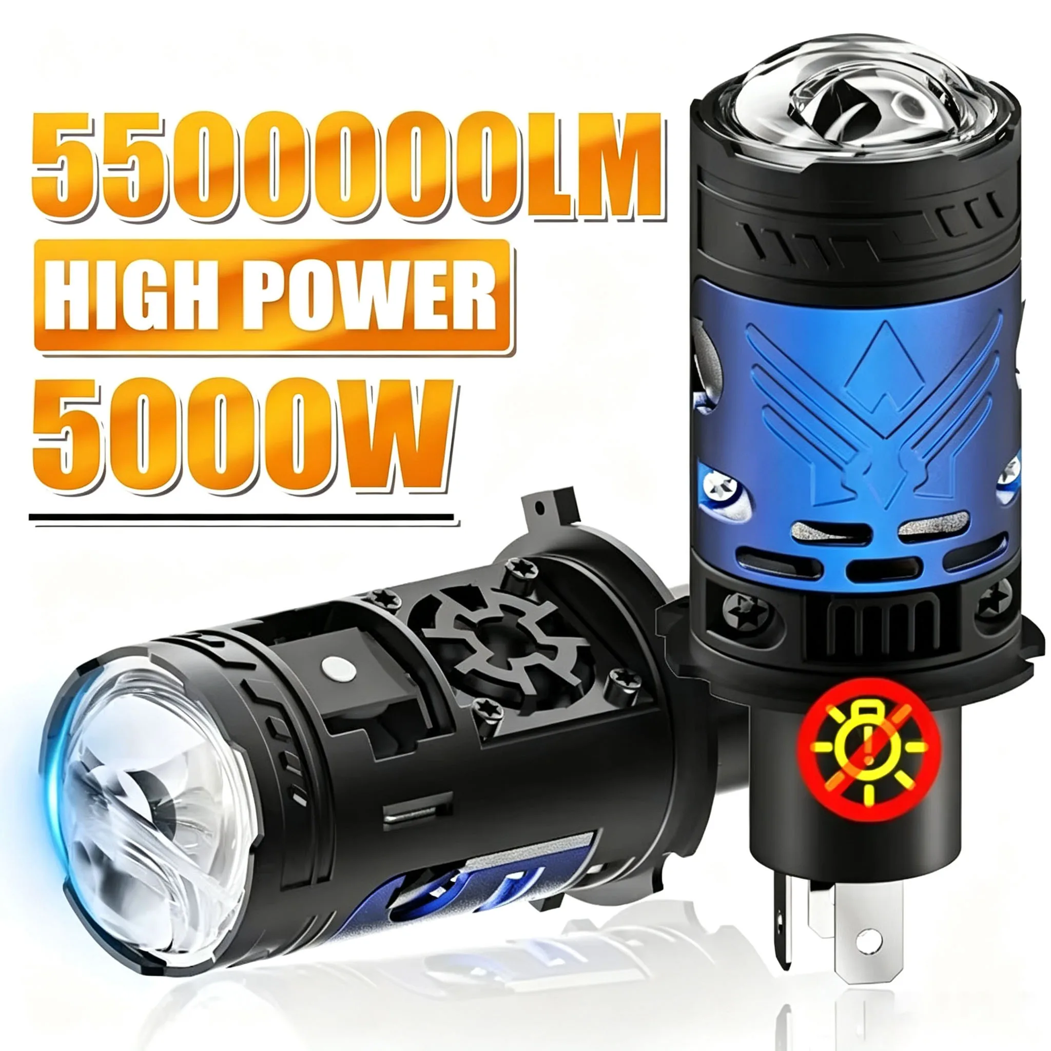 Headlamp bulb, extremely bright, 55,000,000 lumens, 6000K, turbo fan, 5000W, H4 LED, 9003/HB2, suitable for cars/motorcycles