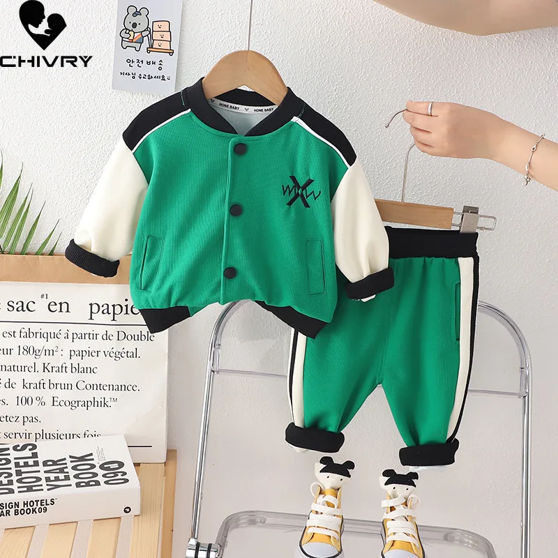 New 2023 Kids Baby Spring Autumn Fashion Contrast Color Baseball Jacket Tops with Pants Boys Casual Sports Clothing Sets