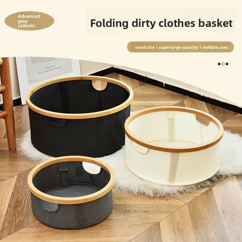 

Bamboo Fabric Laundry Basket - Round Foldable Hamper for Bedroom, Portable Clothes Organizer with Handles, Home Storage