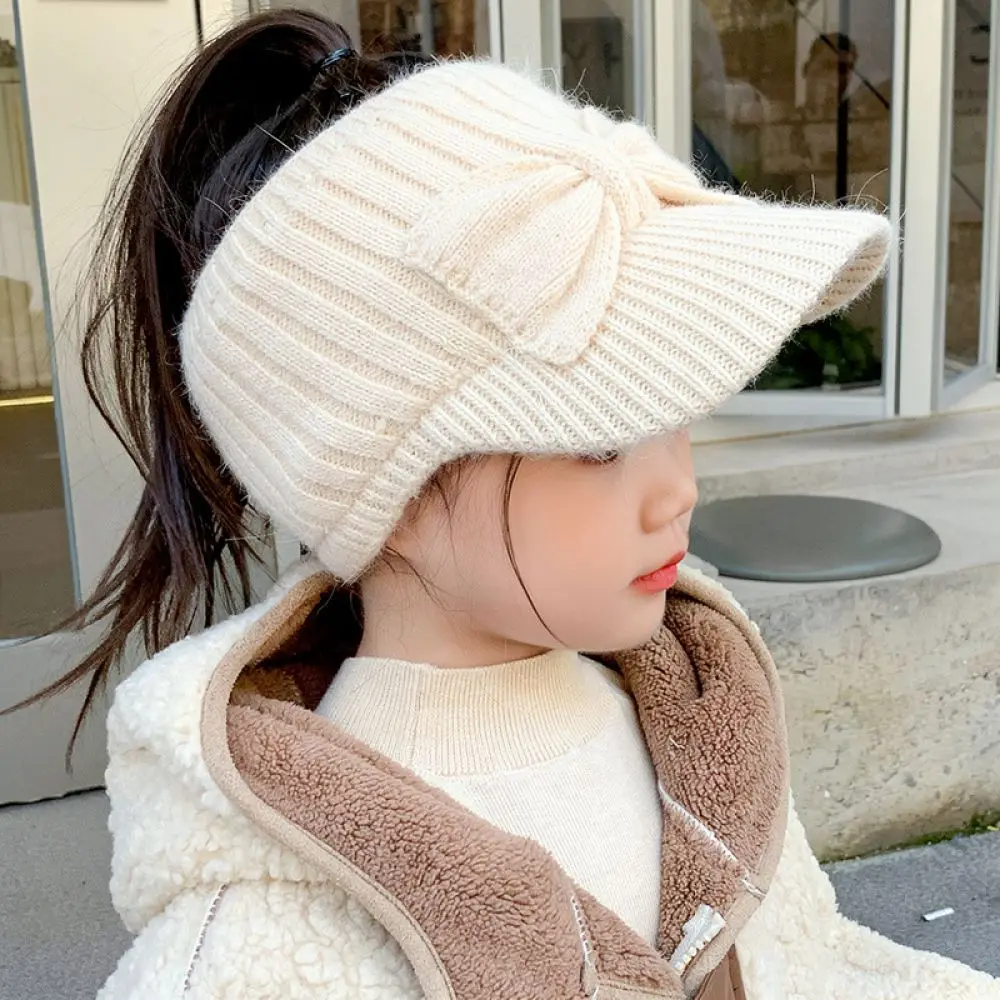 Toddler Girls Knitted Visor Cap Winter Warm Knit Hat Fashion Children Sunshade Peaked Beanie Soft Cozy Outdoor Casual Accessory