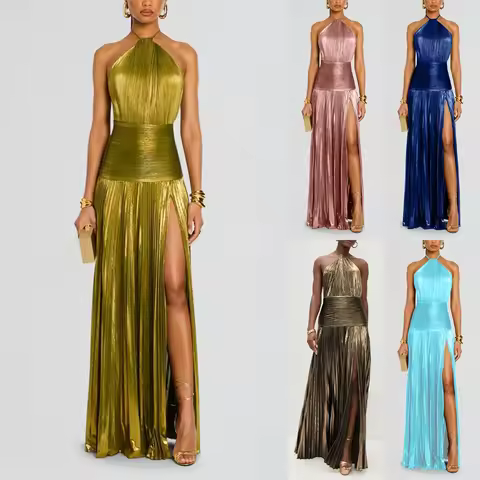 Gold Halter Neck Evening Dress Woman Chic Solid Color Pleated Backless Package Hip Slit Dress Fashion Trendy Lady Party Vestidos