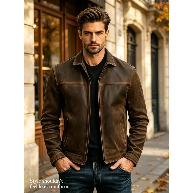 Men Retro Leather Jacket Zip‑Up Front Closure Long Sleeve Punk Outerwear High‑Quality Spring Autumn Men's Jackets & Light Coats