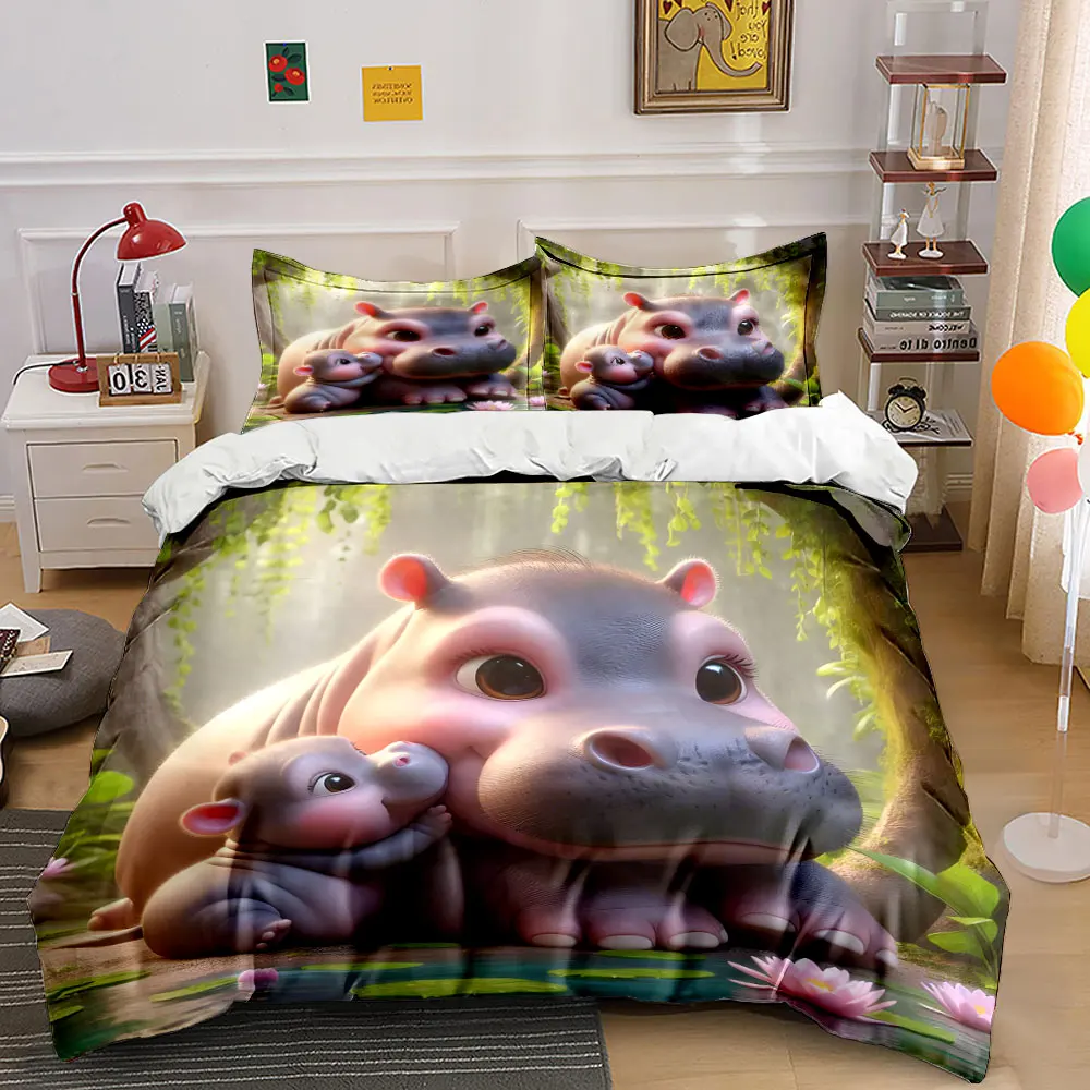 Baby Hippo Cuddled With Mother Print Bedding Set 1 Duvet Cover 2 Pillowcases for Adult and Children Luxury Gift Full Size