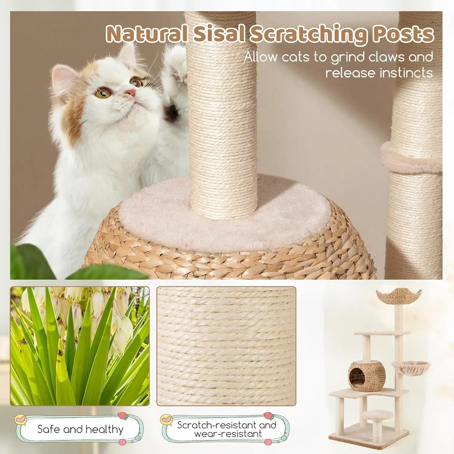 Tour d'arbre à chat en queue de chat, tour à plusieurs niveaux avec poteaux à gratter en sisal naturel, perchoir supérieur en condo pour chat, plates-formes de saut, 59 po