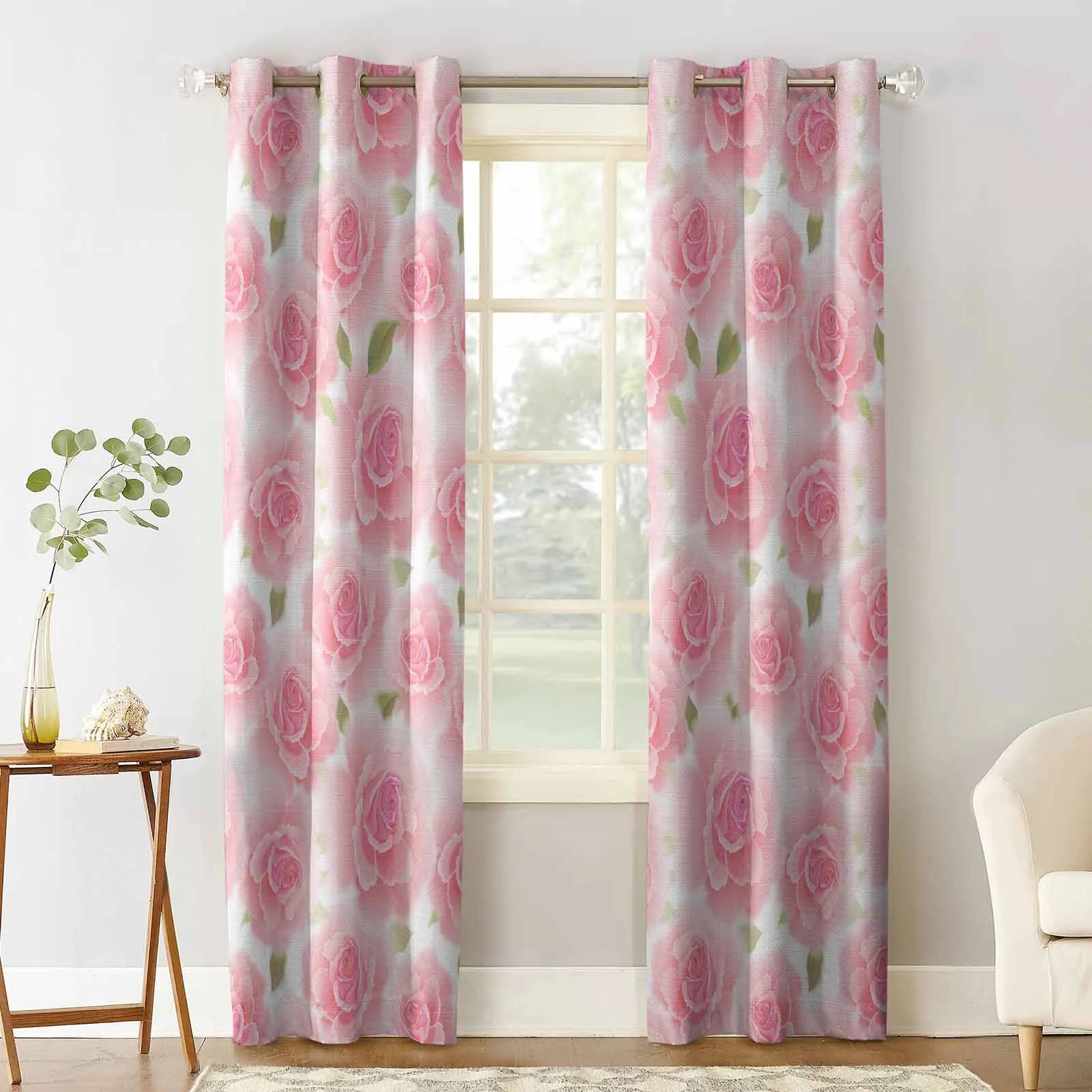 Pink Flower Roses Texture Window Curtains for Living Room Kitchen Curtain Bedroom Decorative Window Treatments