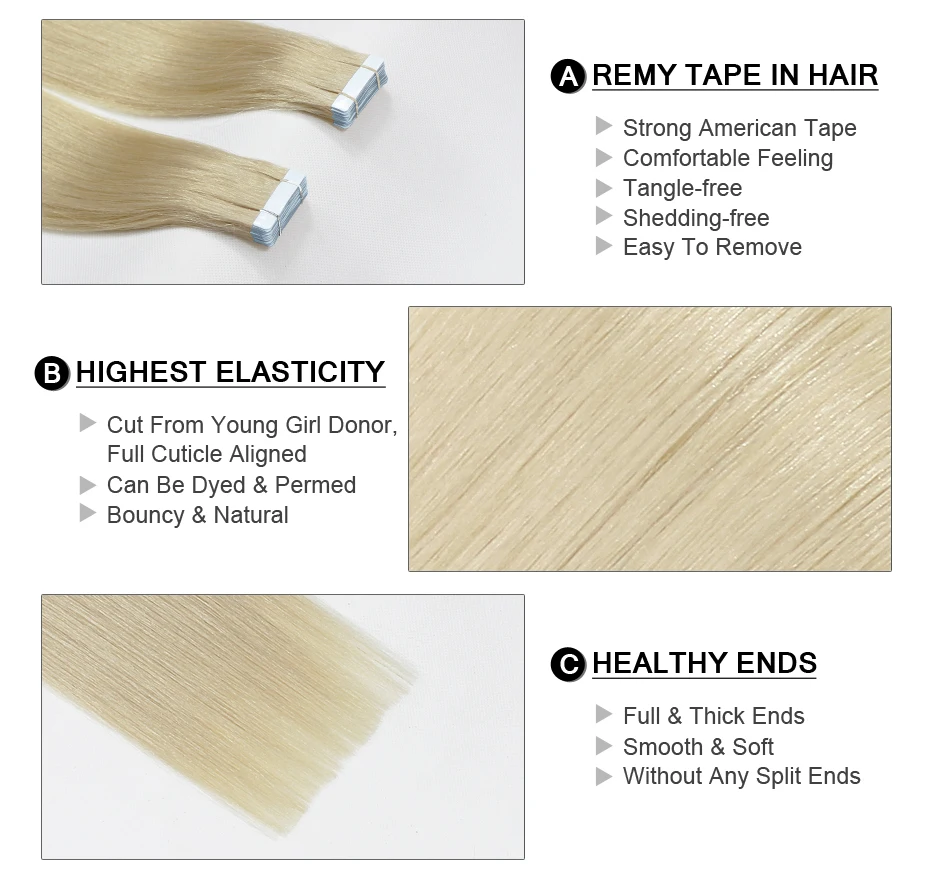 بطل شريط شعر ريمي في الشعر الطبيعي التمديد شعر الإنسان شقراء اللون 100% ريمي الشعر البشري سلس الجلد لحمة الغراء على 2.5 جرام/القطعة