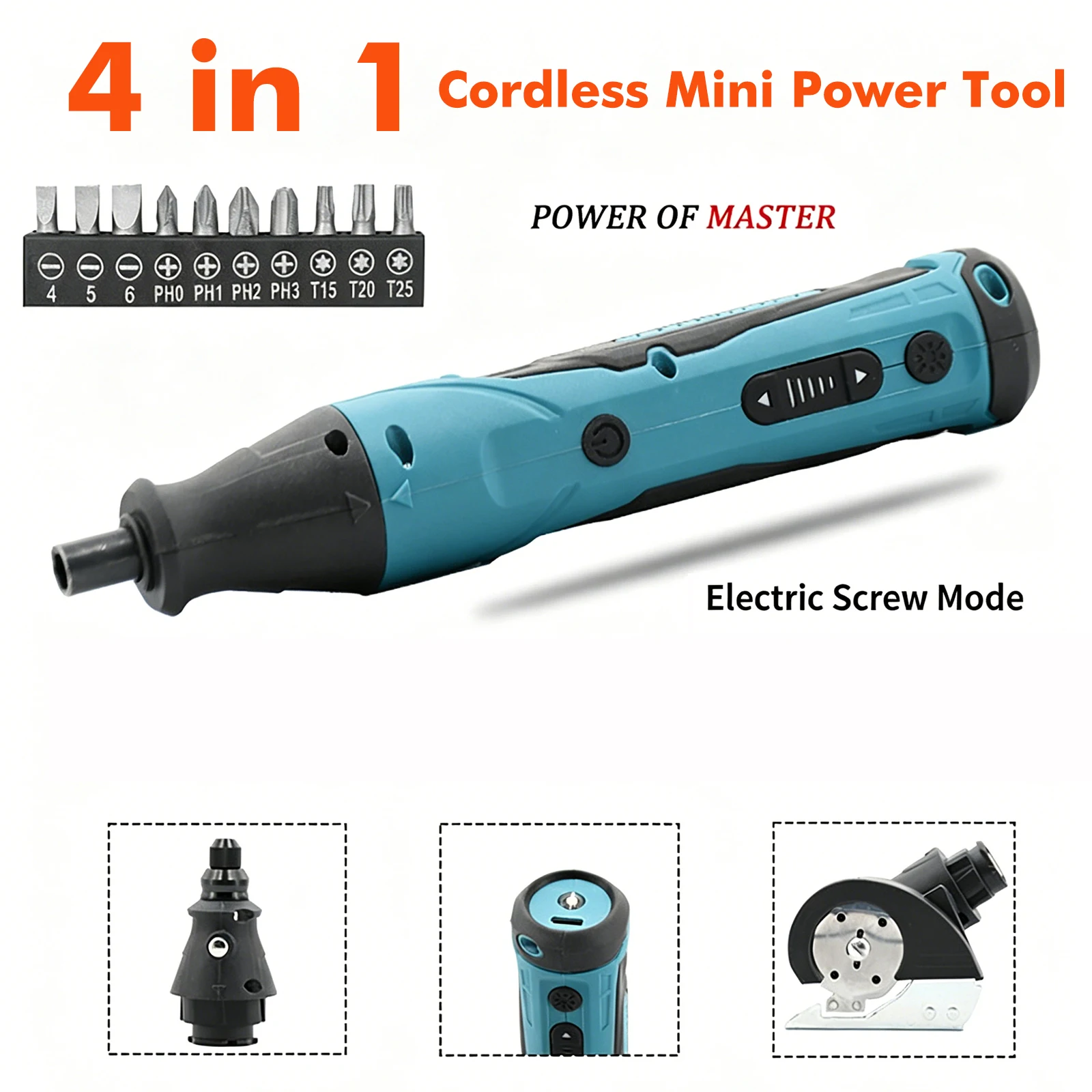 

4-in-1 Multi-functional Electric Screwdriver Cutter Grinder Engraver 5-speed Adjustable with LED Light Cordless Mini Power Tool