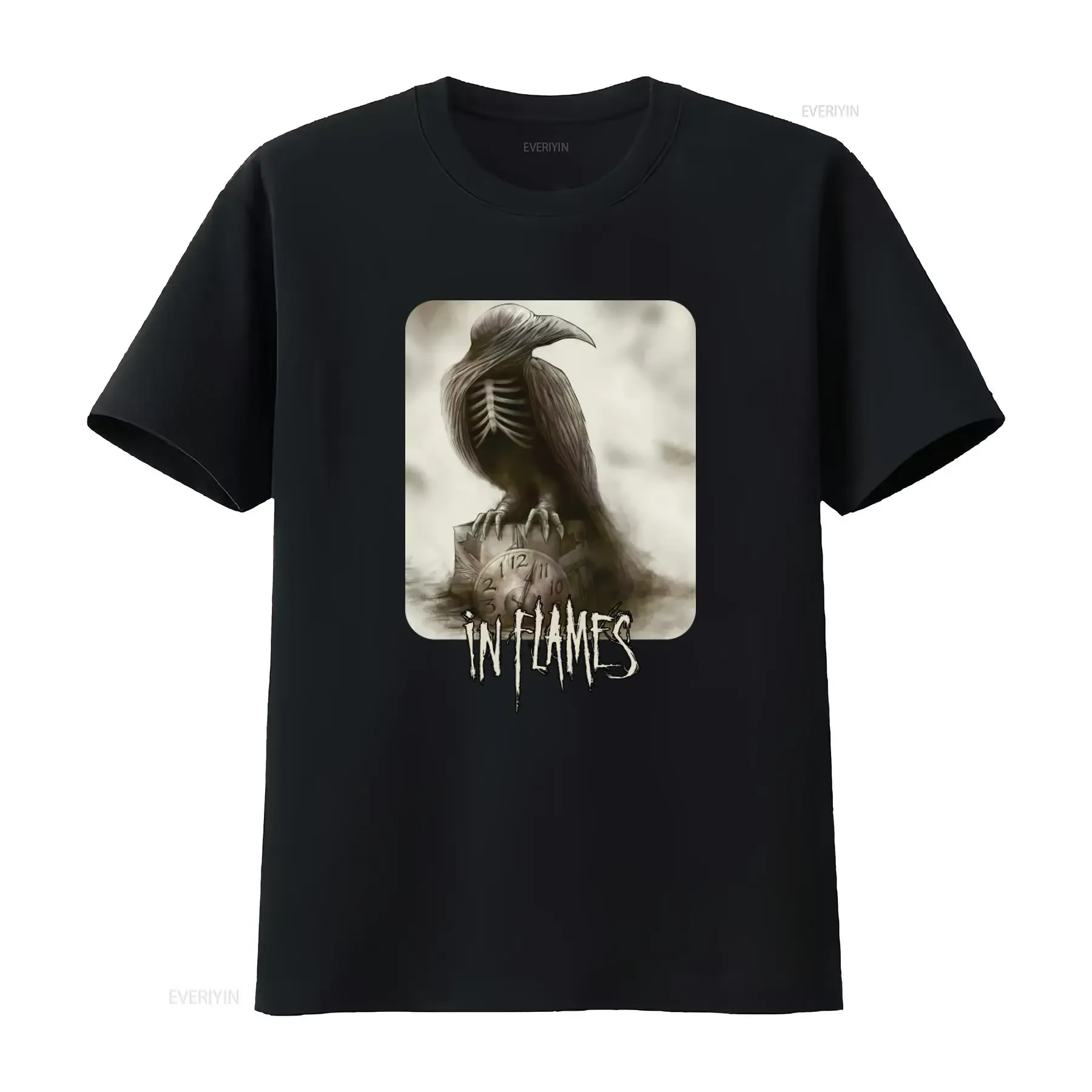 In Flames Band T Shirt Dark Raven Skeleton Design with Clock Motif Rock Music Merch for Fans Black Color Unique and Edgy Print