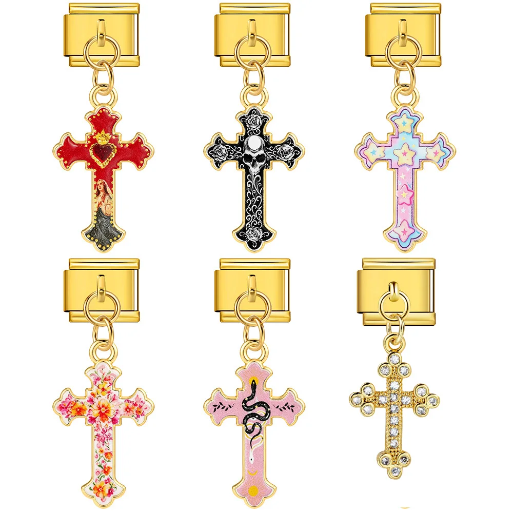 Rhinestone Cross Enamel Pendant Snake Pattern Gothic Pendant Italian Link fit 9mm Stainless Steel Jewelry Making Bracelet  Beads