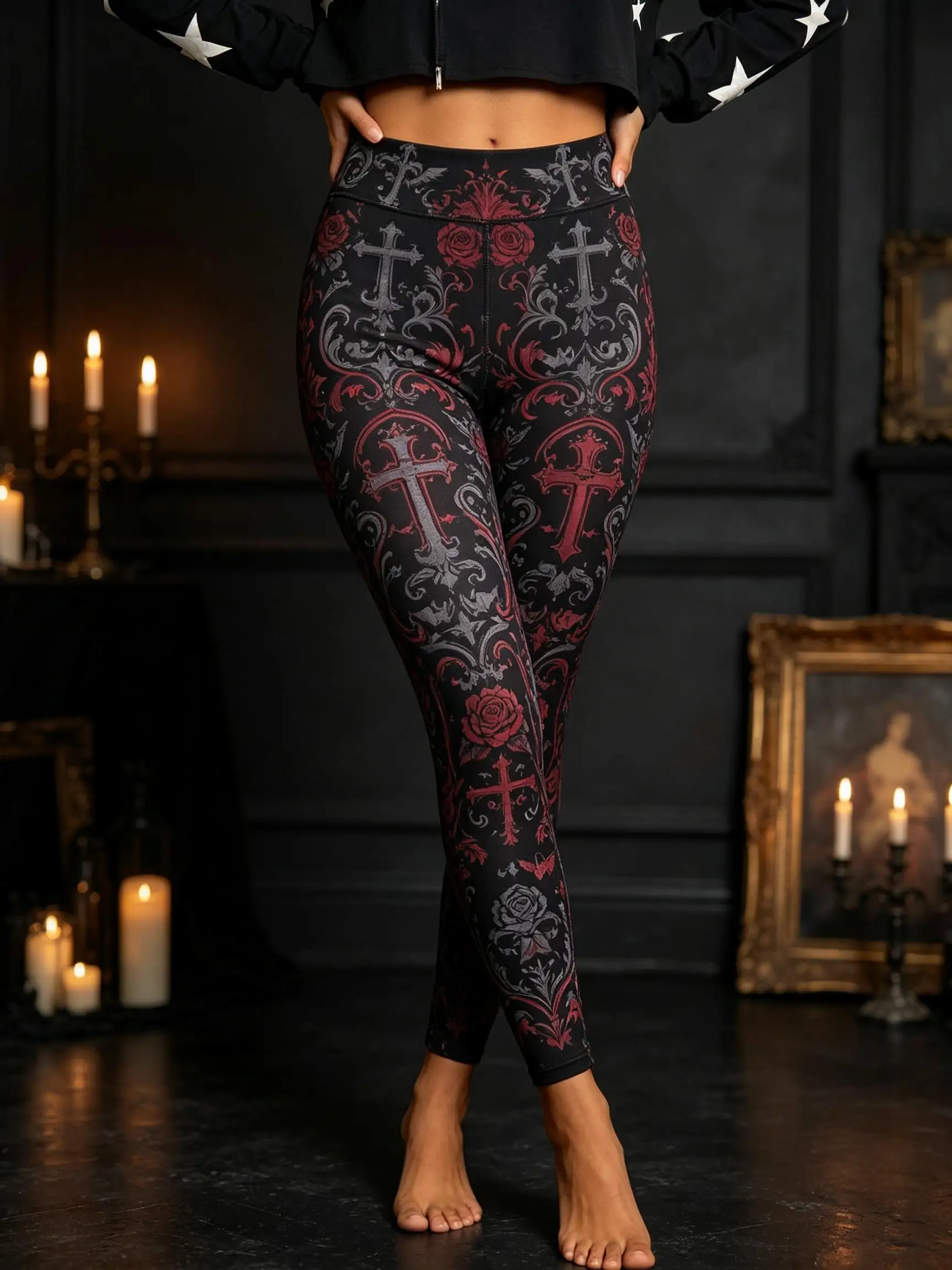 Women Fleece-Lined Mid-Rise Leggings Gothic Cross Rose Vintage Scroll Print Slim Warm Pants