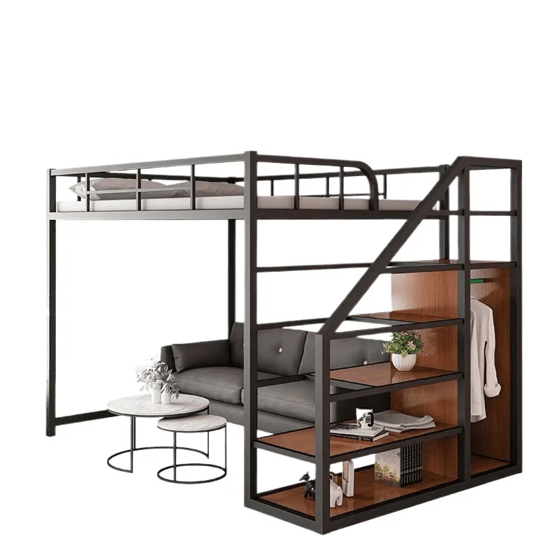

Small apartment duplex upper bunk iron bed second-floor loft double-layer multi-functional wrought iron bed