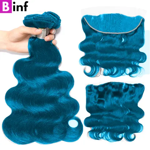 10-30 Inch Lake Blue Body Wave Human Hair Bundles Peruvian Raw Body Wave Bundles with Closure 13x4 Frontal Hot Colored Hair