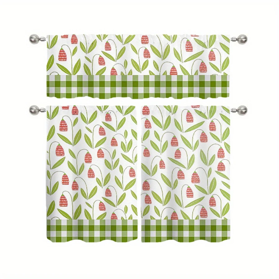 Simple Lily of the Valley Red Flower Green Plaid Border Kitchen Curtain, Rod Pocket Tiers for Rustic Kitchen Home Decor