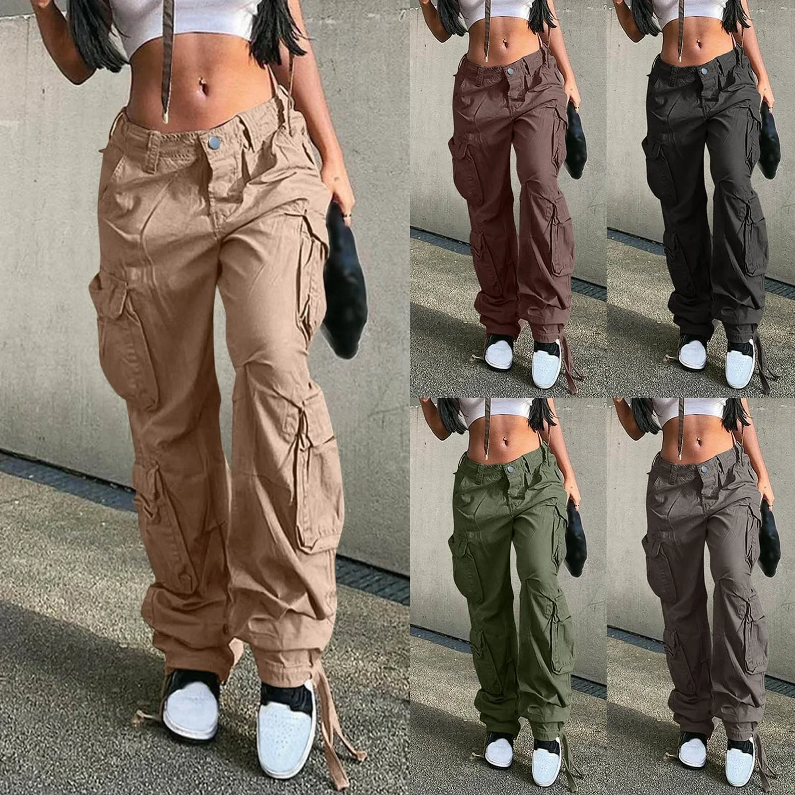 Mulheres cintura alta calças de carga baggy jeans jogger bolso solto ajuste em linha reta perna larga sweatpants all-matemática roupas simples