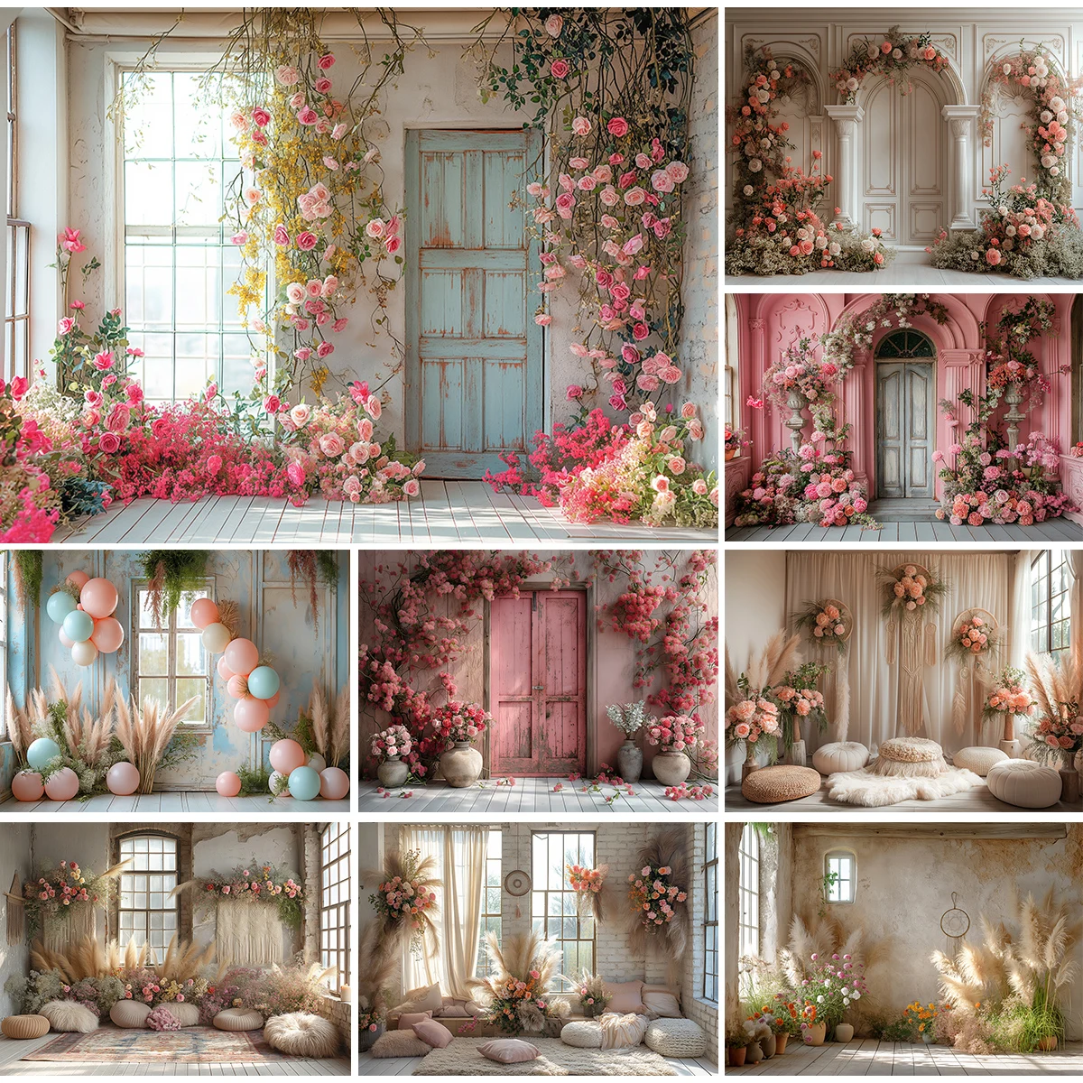 Floral Boho Style Backdrops Wooden Door Garden Kids Adult Photography Child Baby Photocall Windows Flower Spring Backgrouds