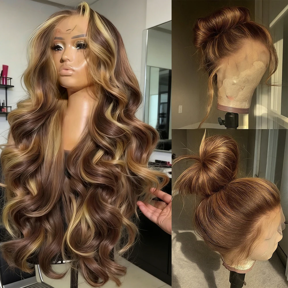 

Frolo 360 4/27 Ombre Highlight Lace Front Wigs Human Hair Body Wave Glueless HD Lace Frontal Human Hair Wig Pre Plucked