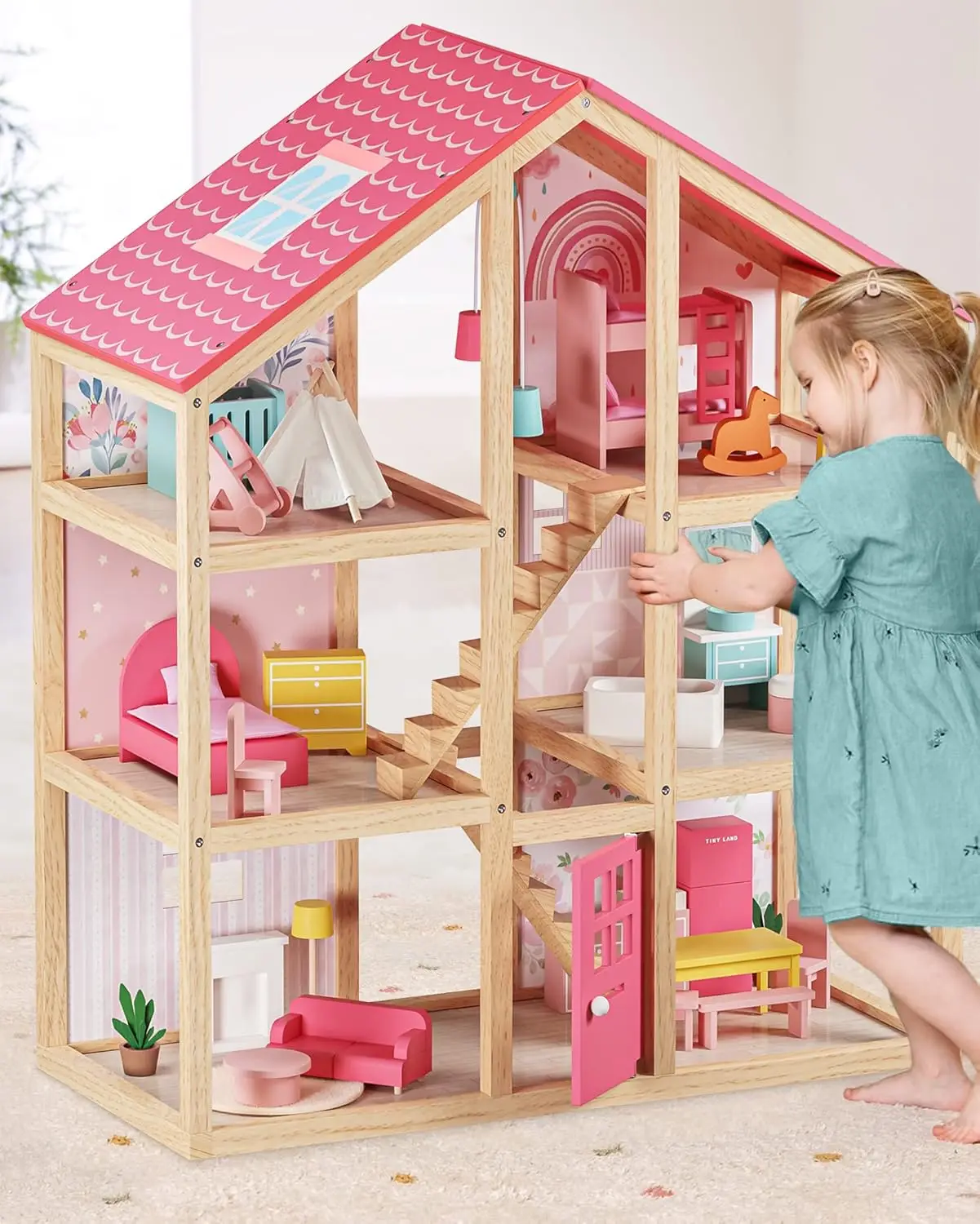 

HOT Tiny Land 6 Rooms Wooden Doll House, DIY Pretend Dream House w/ 30Pcs Furniture Accessories, Gift for Girl Ages 3+