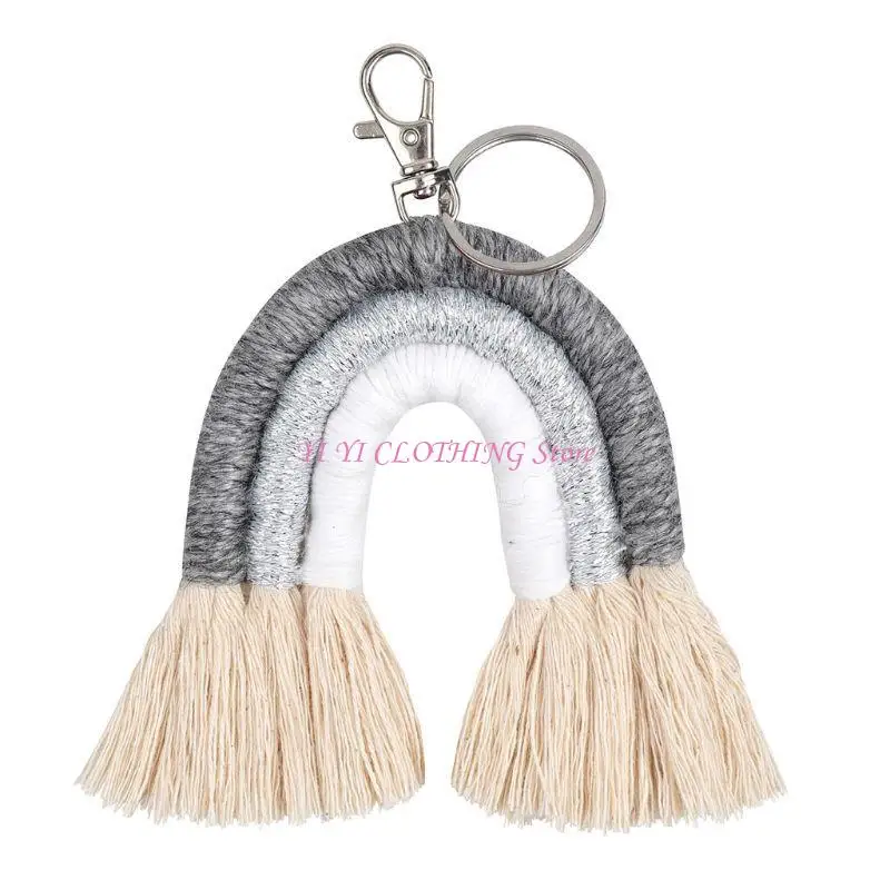 N5KF 트렌디 한 수제 키 홀더 키 링 술 지대 직조 무지개 펜던트 키 체인 보석 지갑 핸드폰 백 팩