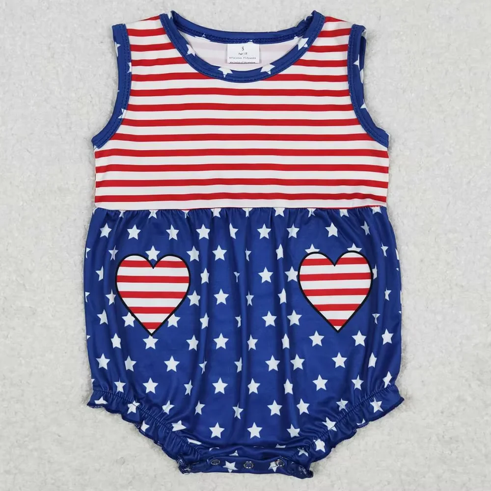 

Wholesale Girls 4th of July Rompers Girls Rompers Red Blue Stripe Sleeveless Heart