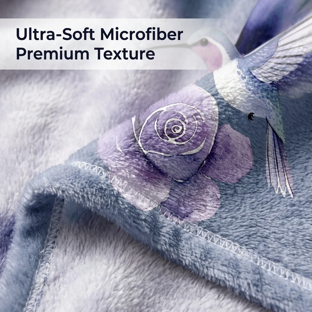 Purple & Blue Floral Hummingbird Flannel Throw Blanket, 