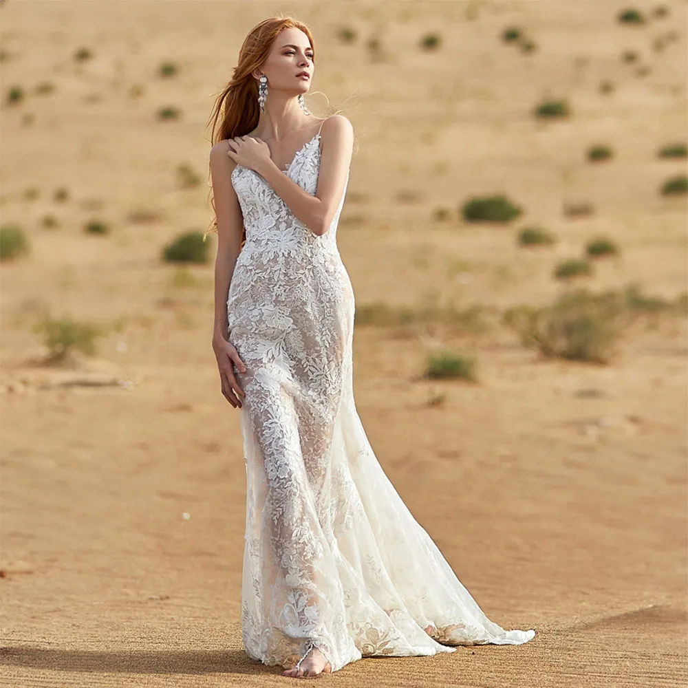 

Elegant Spaghetti Straps Floral Appliques Wedding Dresse Sleeveless Mermaid Wedding Gowns Backless Court Bridal Gown vestido de