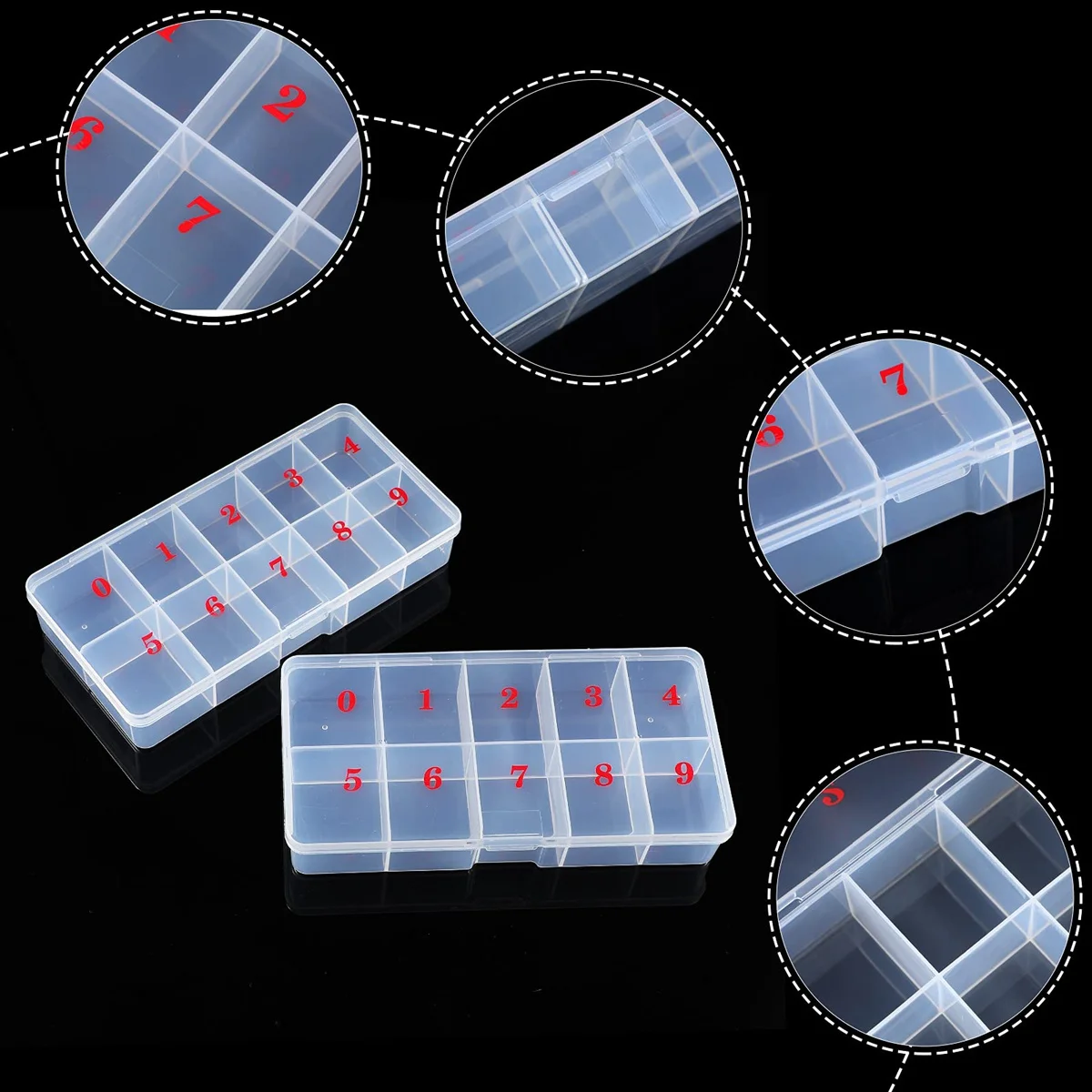 3Pcs False Nail Tips Transparent Storage Box with 10 Number Empty Spaces Storage Case Container Nail Art Organizer Box