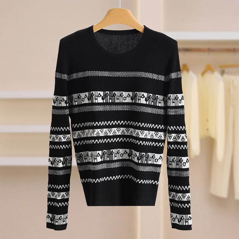 

Модный вязаный базовый слой, круглый топ в полоску с вышивкой, женская зимняя одежда, дышащая, удобная, длинная све S...