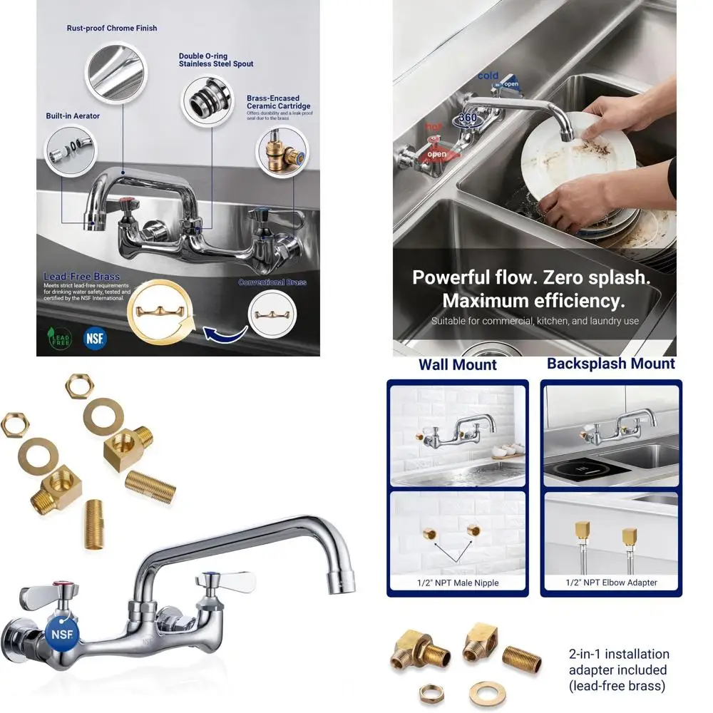

8 Wall-Mounted Commercial Sink Mixer Tap, Lead-Free, 8 Swivel Spout, Brass with Ceramic Valve, Easy Install Kit