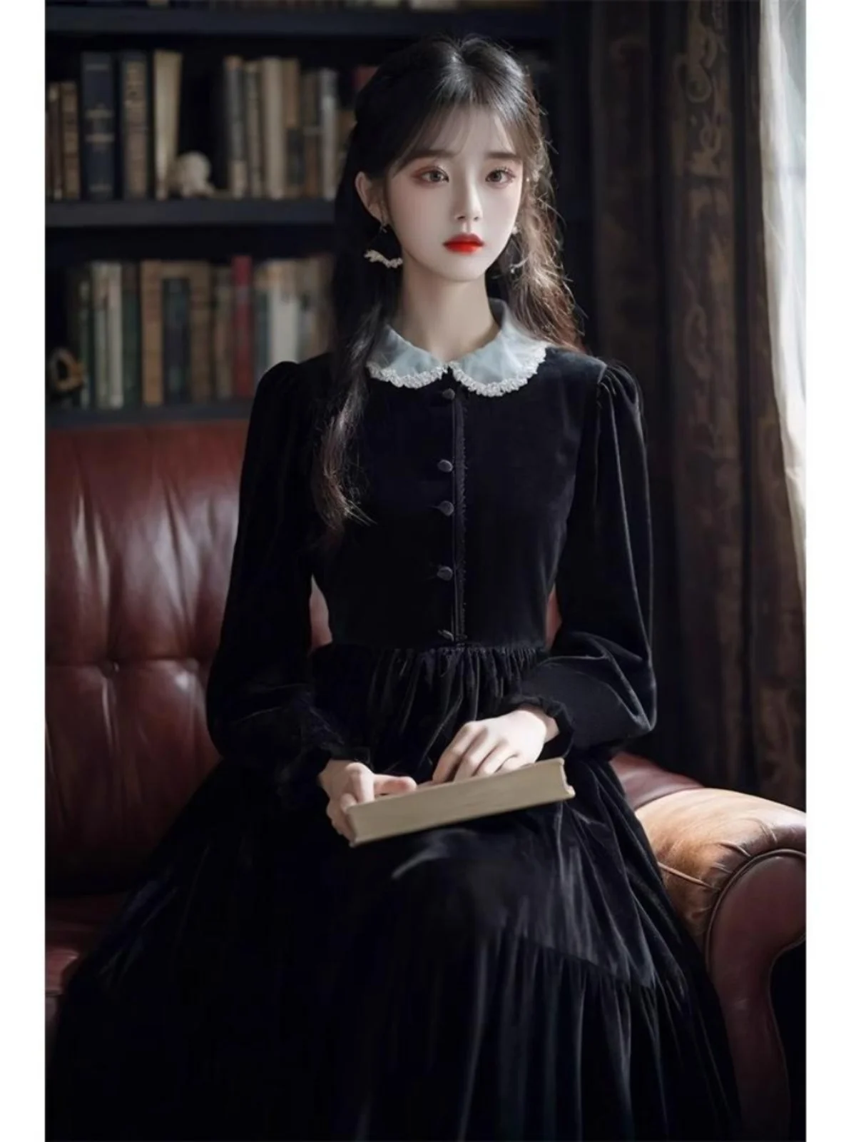 

Elegant Black Velvet Gown Hepburn Style Adult Ceremony Party Birthday Dress High Waist Long Sleeve Formal Wear for Women
