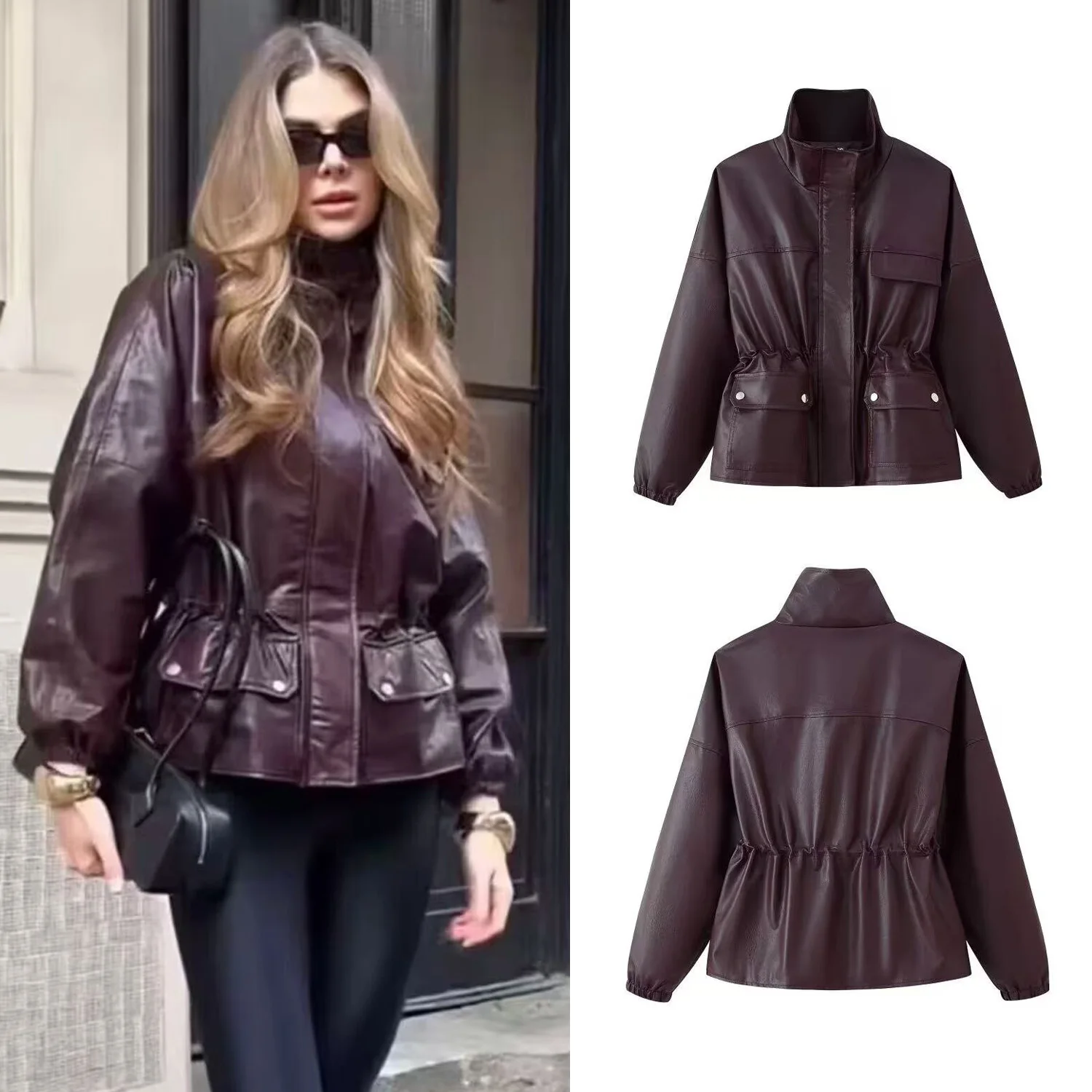 

Women Solid Leather Jacket Female Long Sleeve Stand Collar Single Breasted Coats Spring Autumn New Lady Pocket Jackets Streetwea