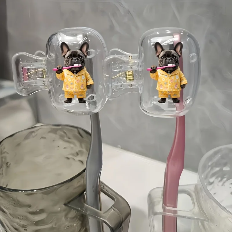 2pcs French Bulldog in a Yellow Outfit Portable Toothbrush Case Suitable for Travel Sets Keep The Brush Heads Clean And Dry