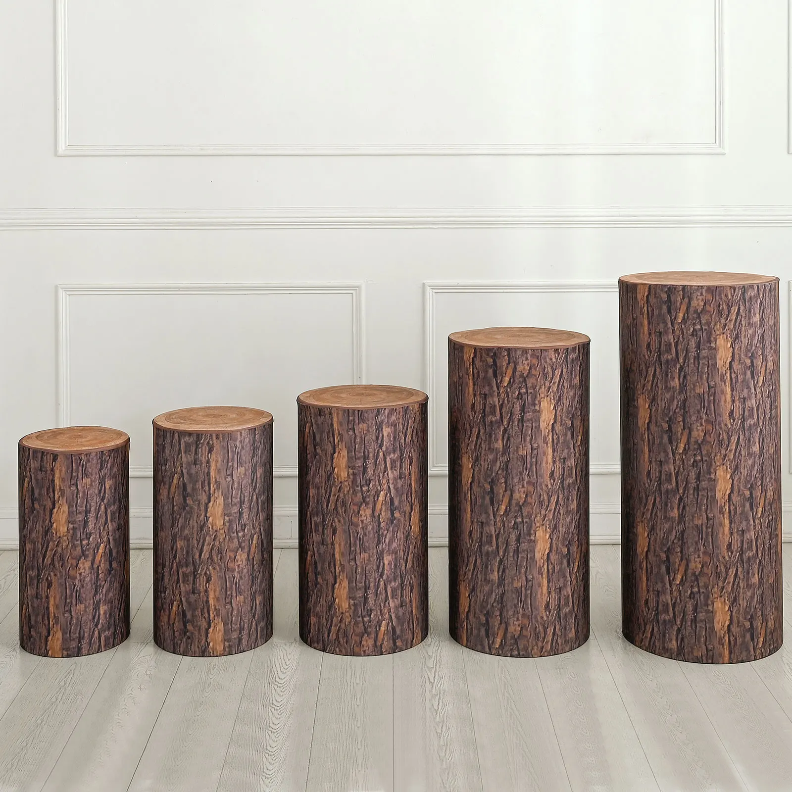 Uxcell 3/5pcs Wooden Texture Cylinder Spandex Stand Covers Plinth Stand Cover for Party Wedding Birthday Decor Elastic Fabric