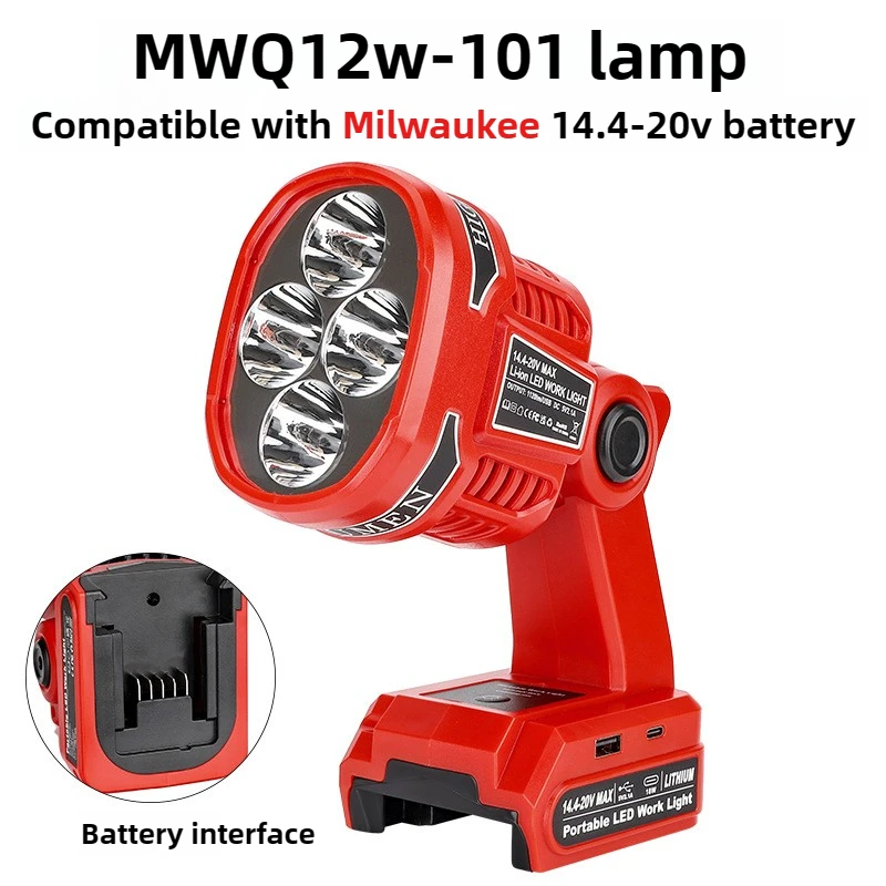 Senter untuk Milwaukee untuk Baterai Dewalt 20v Lampu Kerja LED 12W Lampu Sorot Portabel dengan Port USB Kepala yang Dapat Diputar untuk Berkemah