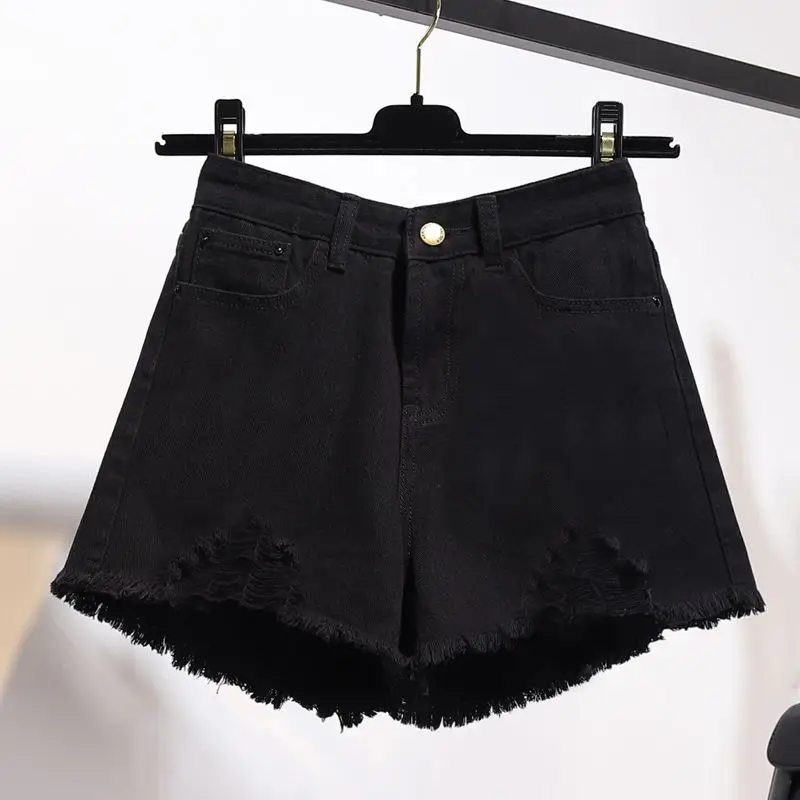 Perforated Denim Shorts for Women's 2024 Spring/summer New High Waisted Loose and Slimming A-line Versatile Wide Leg Pants