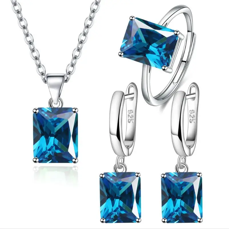 Rectangle Natural Yellow Citrine 925 Sterling Silver Geometric Ring+Necklace+Earring Emerald Cut Gemstone Jewelry Set for Women view 3