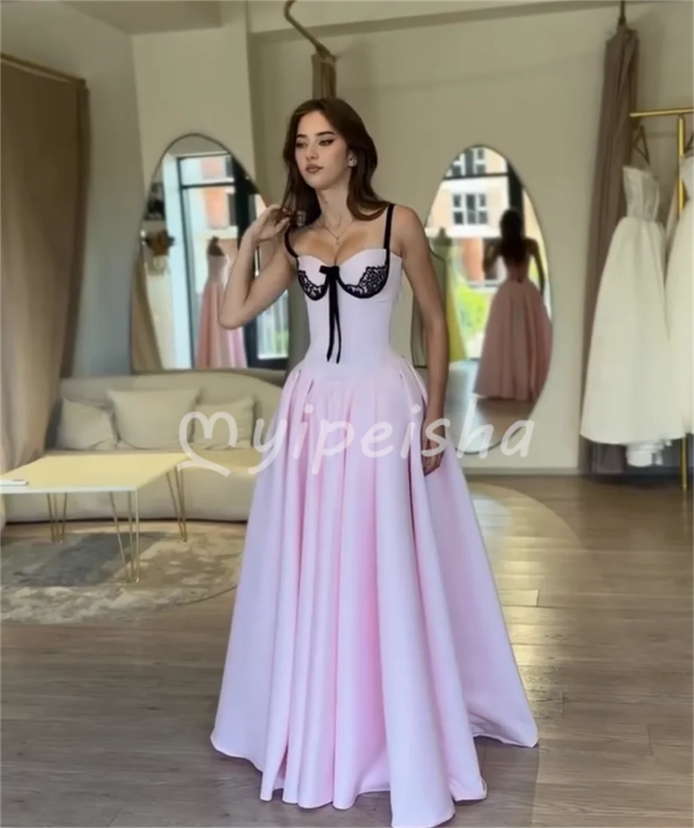 Modest Pink Charmeuse Lace Bow A-line Square Neck Floor-Length Women's Party Gowns Sizes Available Modern Style Customized