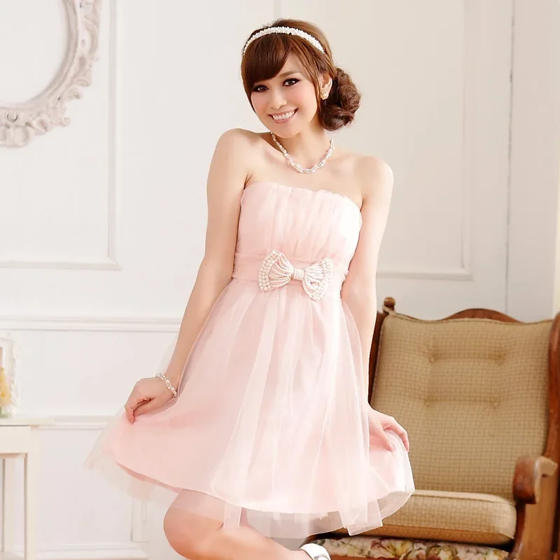 

Plus Size Women Clothing Fashion Sexy Strapless Bow with Pearl Short Dress for Evening Party