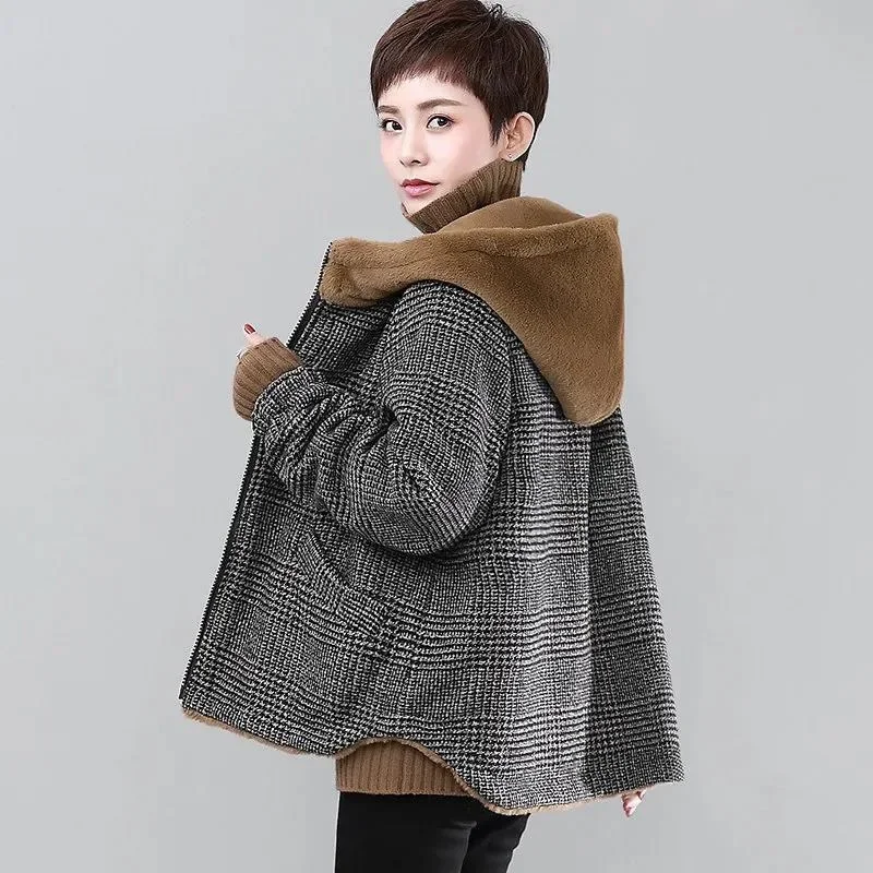 Lamb Velvet Hooded Sweatshirt Double-Sided Wear Cotton Jacket Women's Loose Thickened Fleece Outerwe