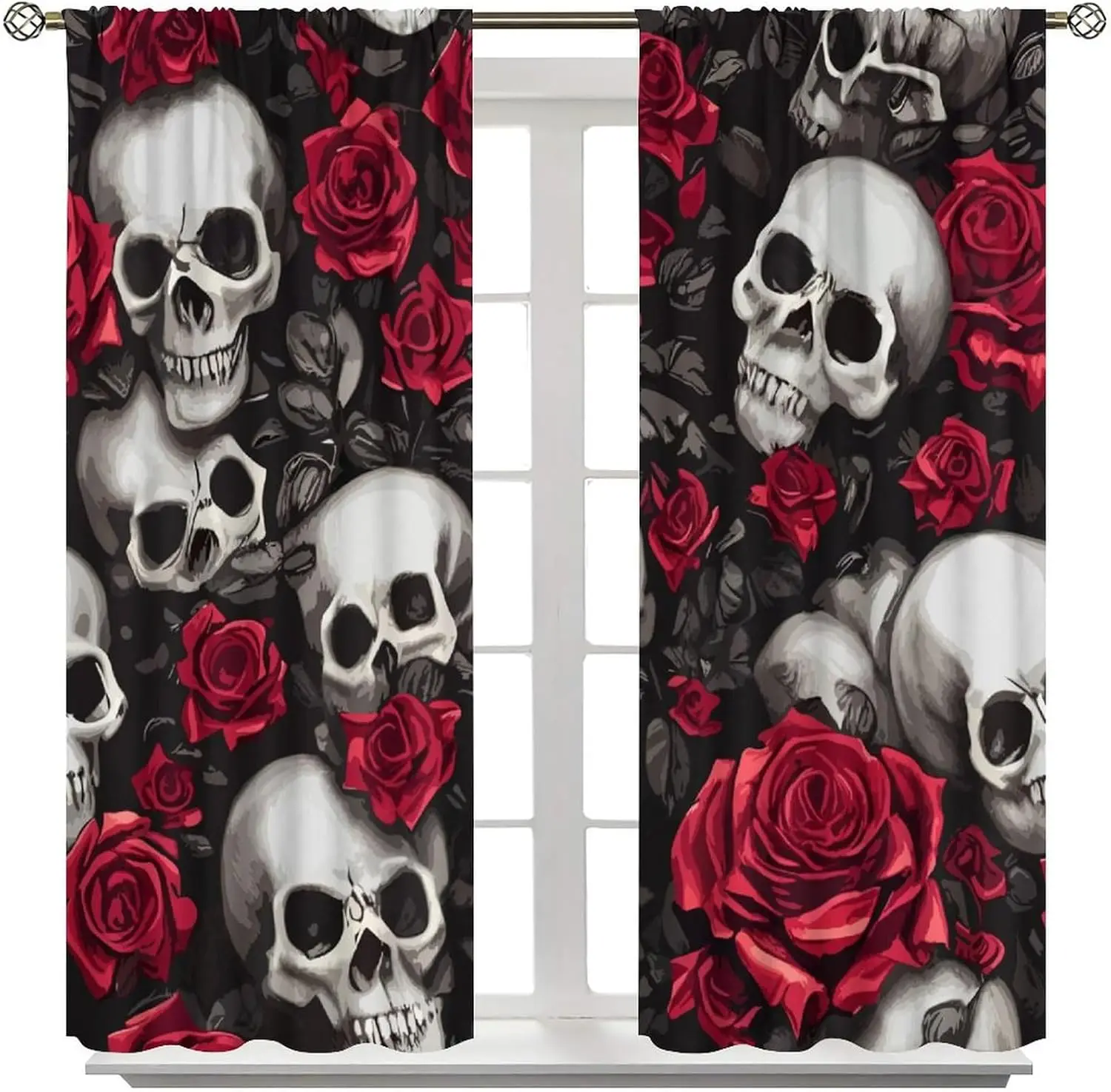 Skull Curtains Rose Flowers Vintage Wildflowers Halloween Theme Scary Curtain with Rod Pocket for Bedroom Living Room  2 Panels