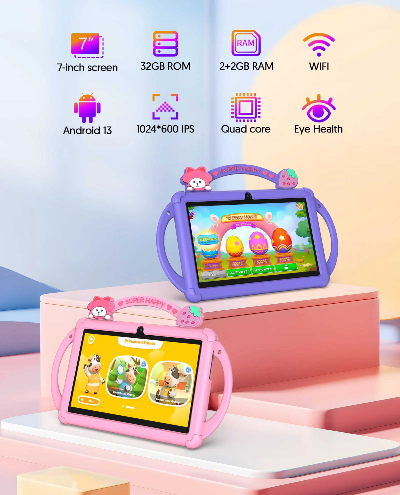 Tablet Android 13, tablet per bambini da 7 pollici, processore quad-core, tablet WiFi 5G, 4 GB (espansione 2G-memoria) RAM+32 GB ROM, spirito