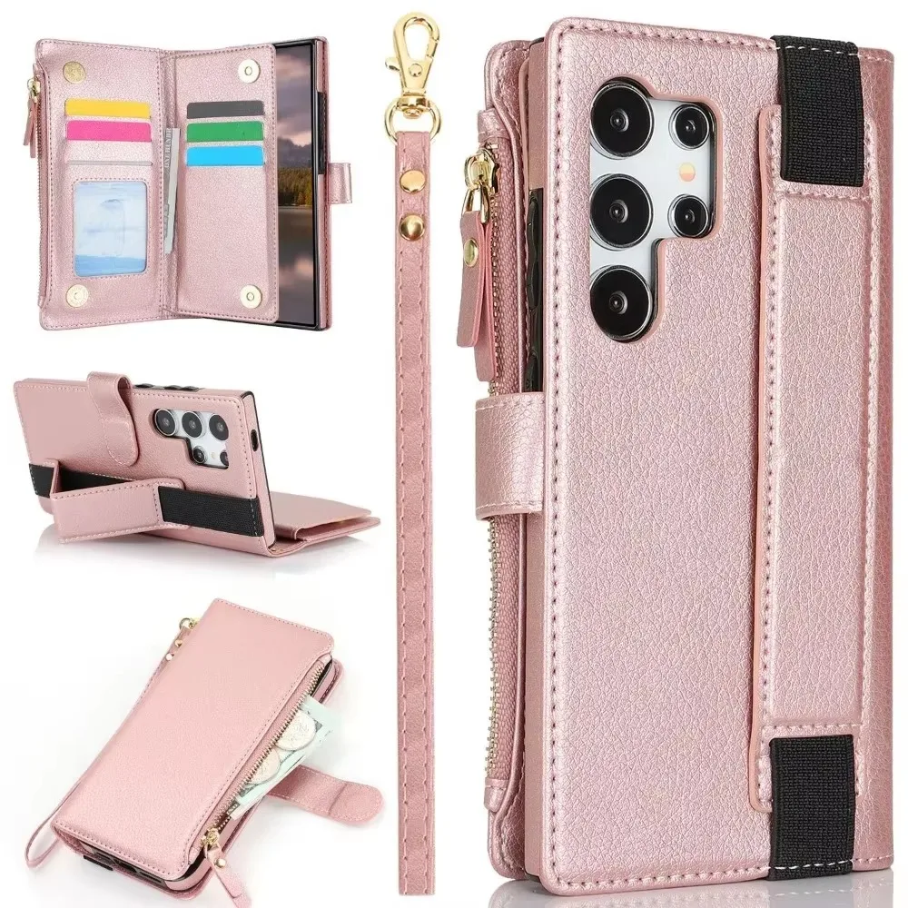 Zipper Wallet Card Holder Elastic Wrist Strap Phone Case For Samsung Galaxy S24 S22 Plus S23 S21 FE Note 20 Ultra Leather Cover