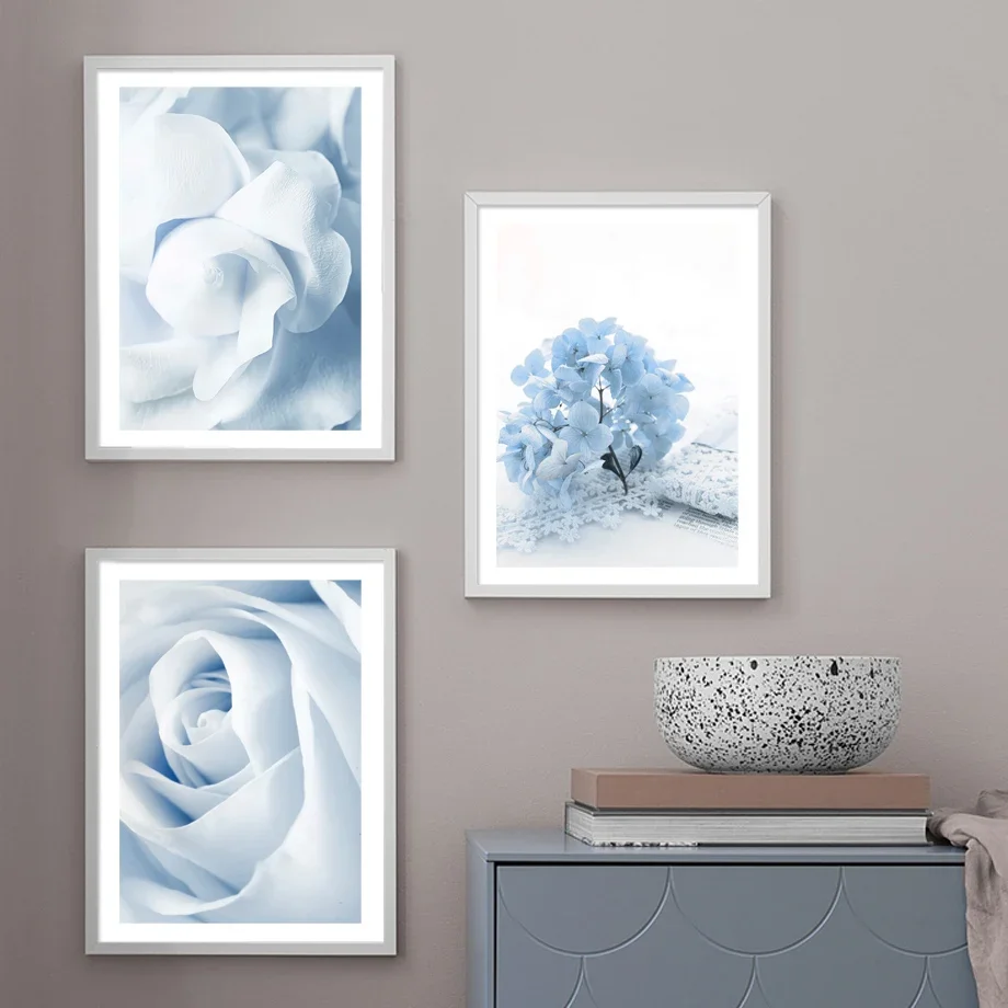Light Blue Rose Hydrangea Cherry Dahlia Posters Minimalist Print Canvas Painting Wall Art for Living Room Modern Home Decor