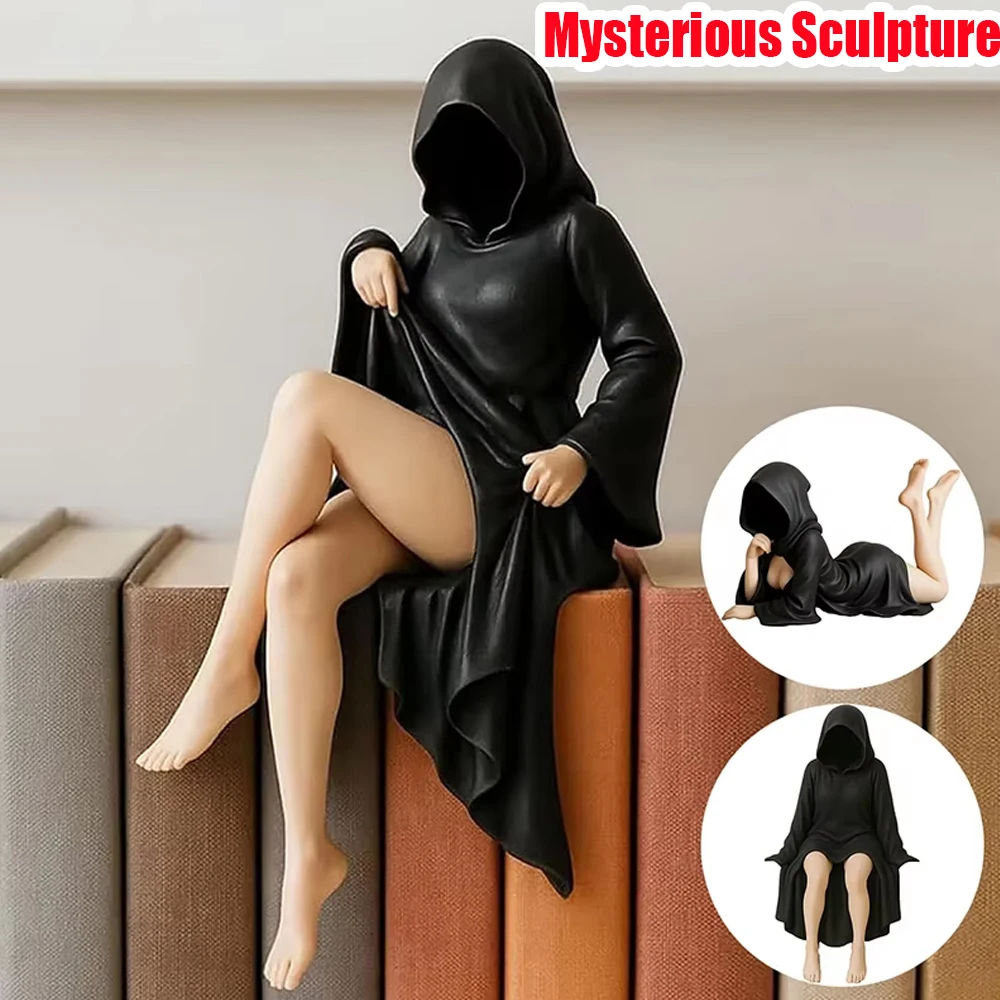 1 قطعة تمثال فتاة الهالوين النساء يجلس الشكل الحلي تمثال غامض الموت القوطية الأسود رداء الملكة رف الكتب النحت #1