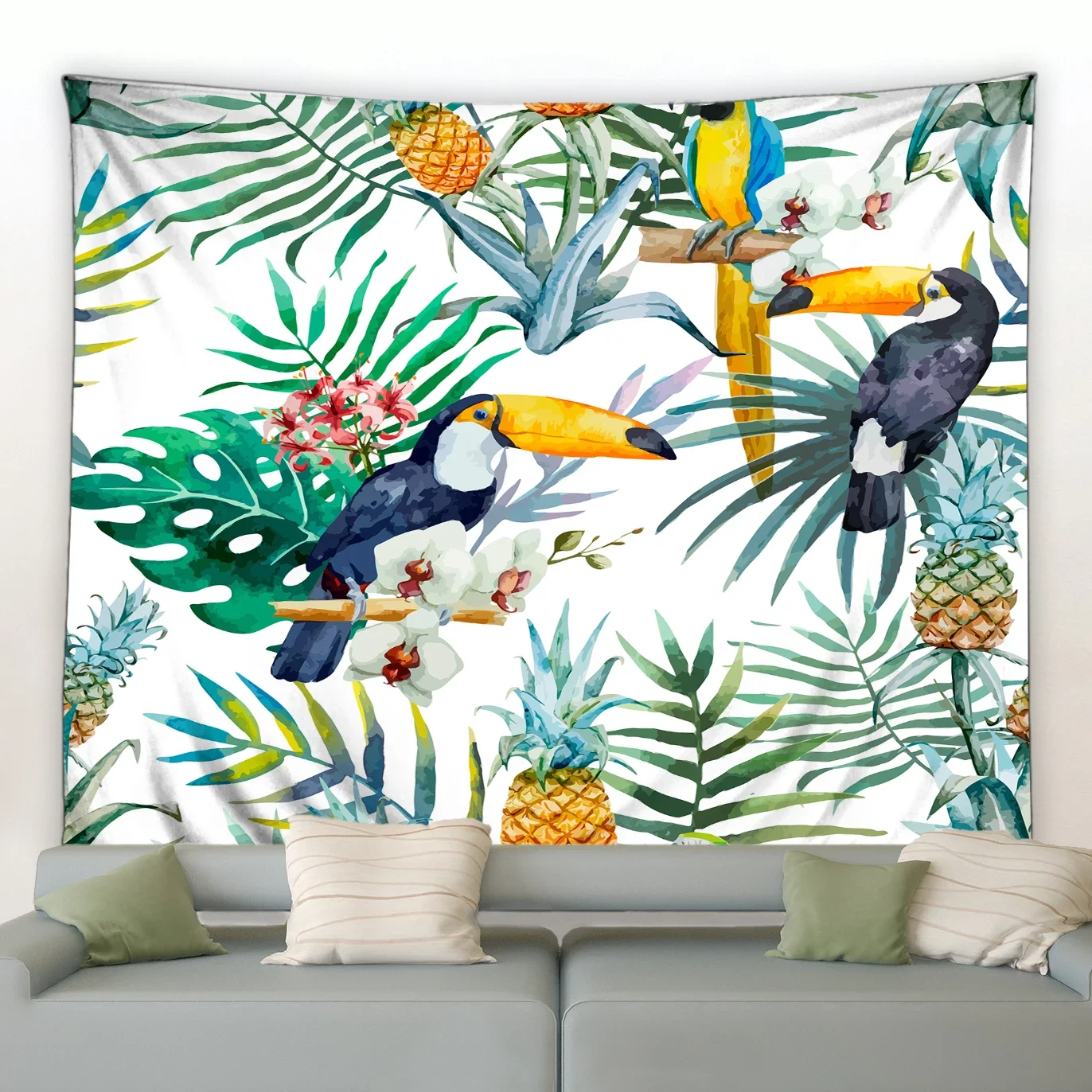 Tropical Plants Tapestry Colorful Parrot Monstera Banana Leaves Watercolor Wall Hanging Natural Landscape Living Room Tapestries